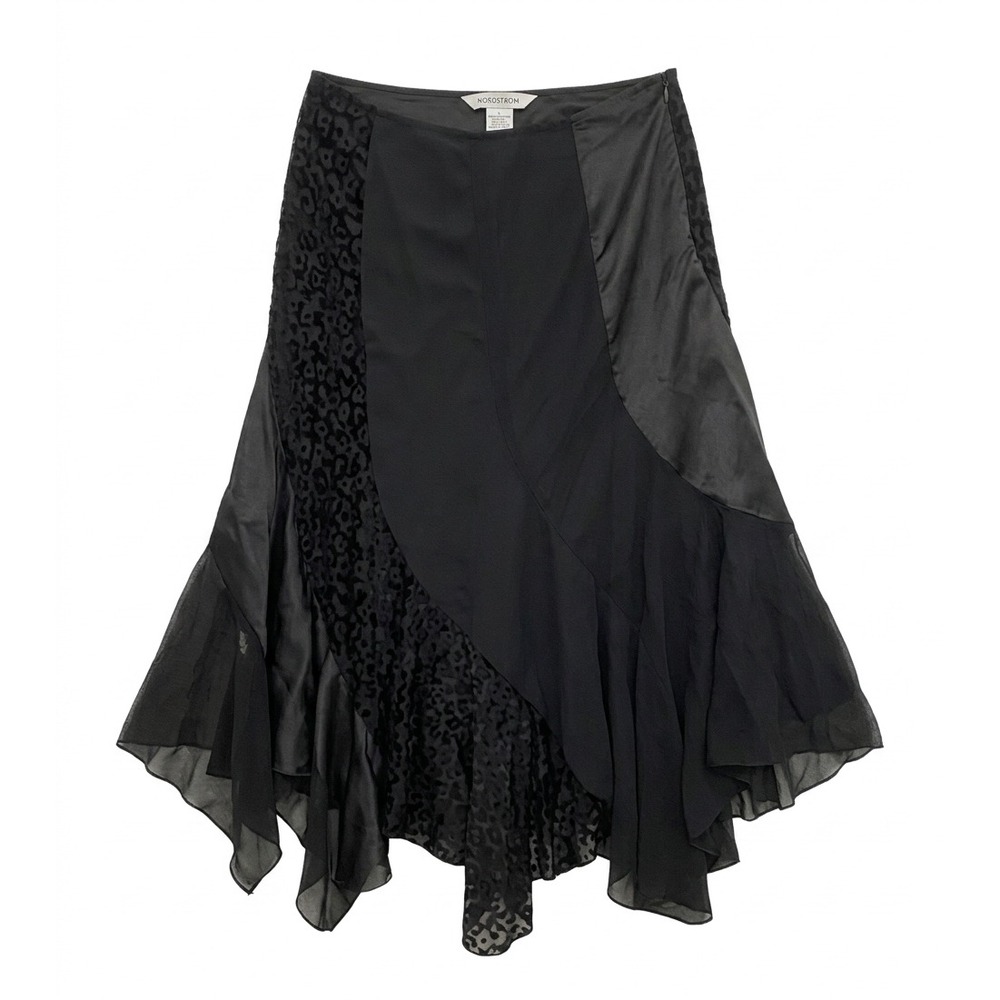 Nygard Collection Blk Mixed Media Lace Satin‎ Handkerchief Hem Midi Skirt 6P